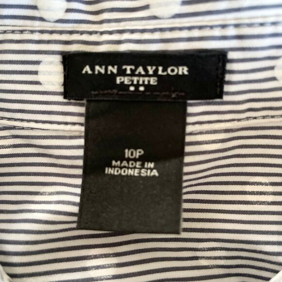 Ann Taylor Pinstripe Polka Dot Shirt Women's 10P | Navy & White Button-up | EUC - Picture 3 of 9